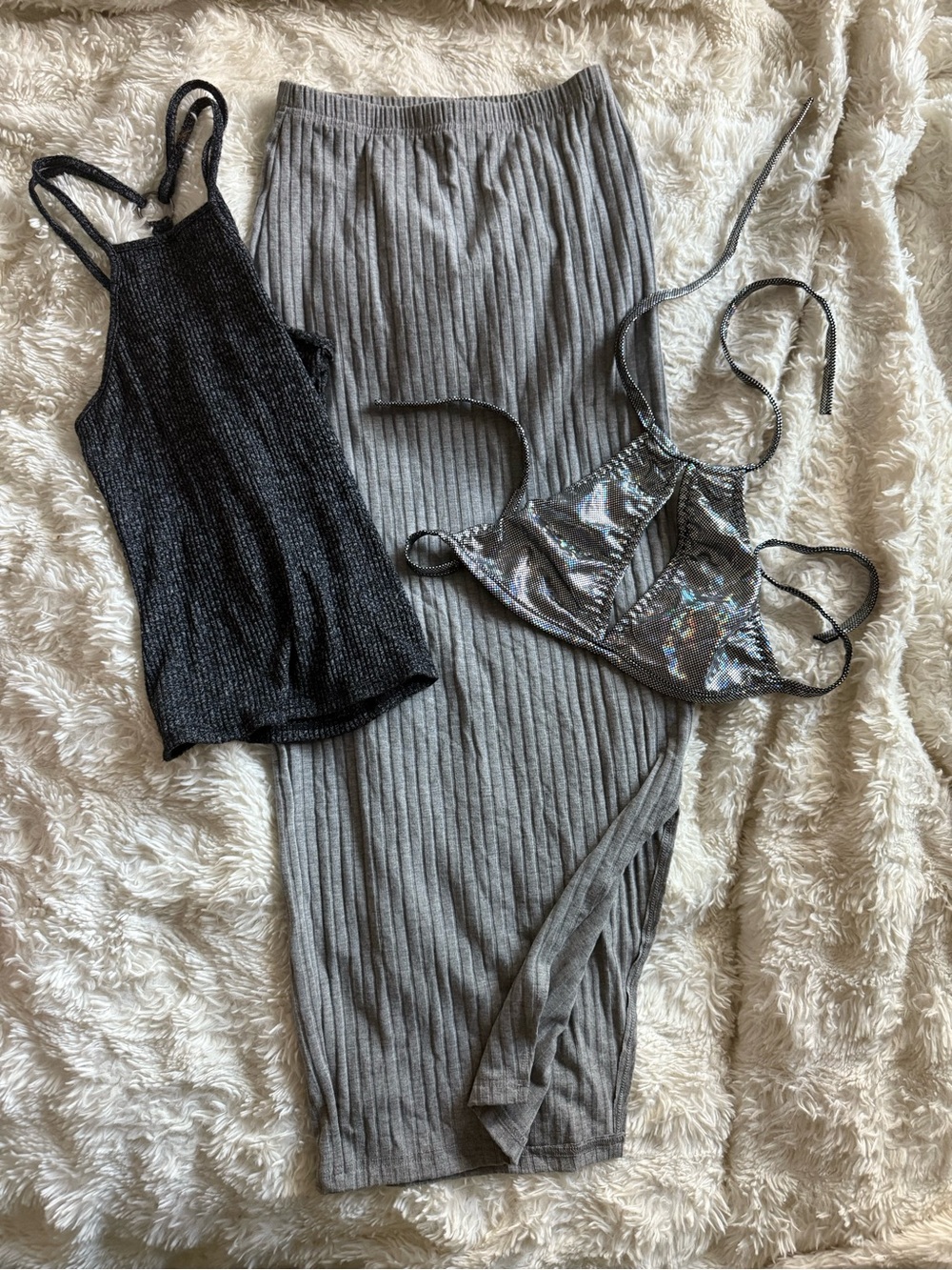 Silver set - long skirt w slit, tank top & shiny rave top - xs/smalls